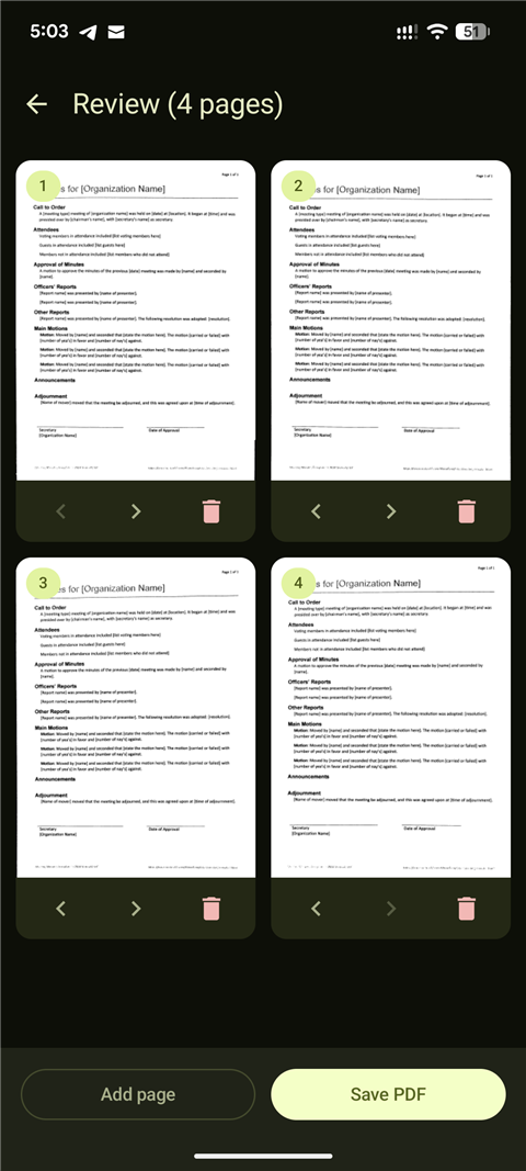DocCam multi-page review before saving as PDF