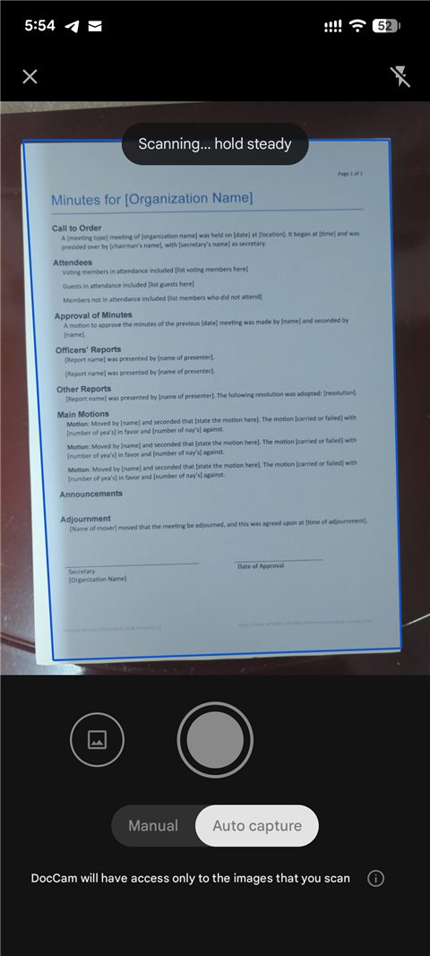 DocCam scanning a document with automatic edge detection